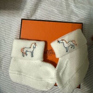 Hermes White Baby Socks with Horse Embroidery